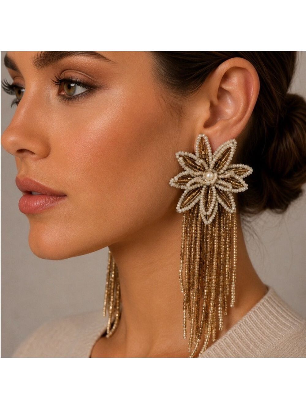 NWT Deepa Gurnani Gold & White Beaded Fringe Earrings